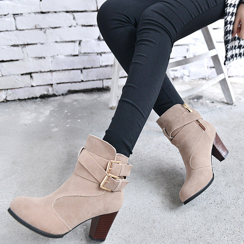 Althea | Suede Ankle Boots with Chunky Heel & Double Buckle Detail