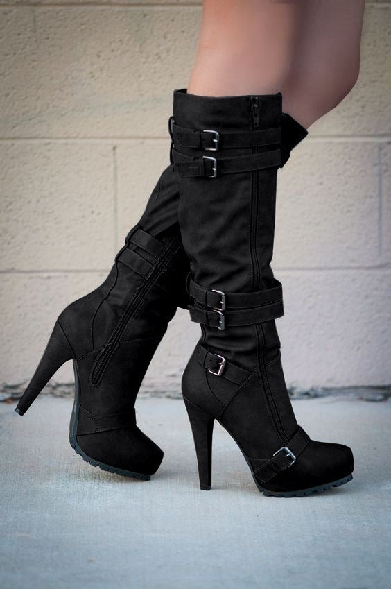 Bela | Retro High-Heel Boots – Zipper & Buckle Knee-High Booties
