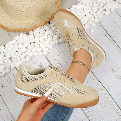 Laura | Beige Suede Pattern Sneakers – Casual Chic Comfort Shoes