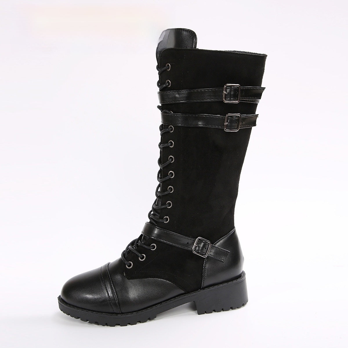 Lea | Round Toe Rivet Belt Buckle Square Heel Boots