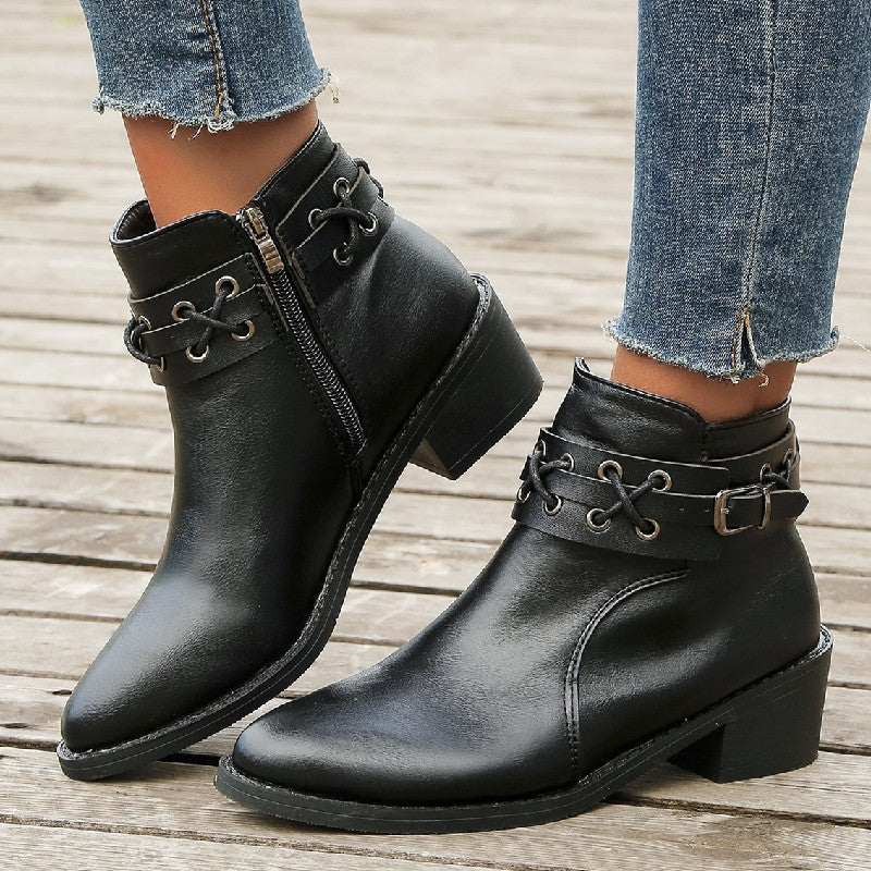 Orthopedic Balance Leather Ankle Boots - Thick Heel Zip