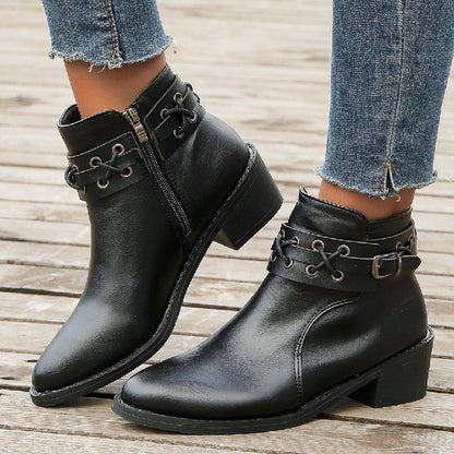 Orthopedic Balance Leather Ankle Boots - Thick Heel Zip