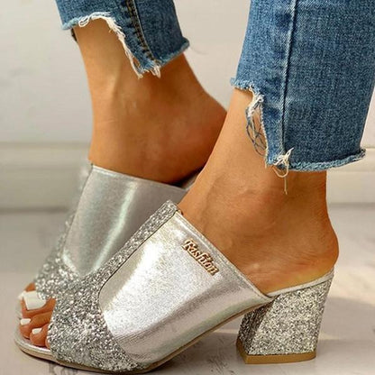 Hallie | Women’s Glitter Block Heel Slip-On Sandals