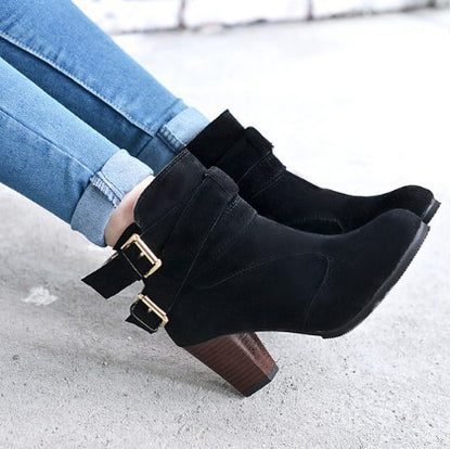 Althea | Suede Ankle Boots with Chunky Heel & Double Buckle Detail
