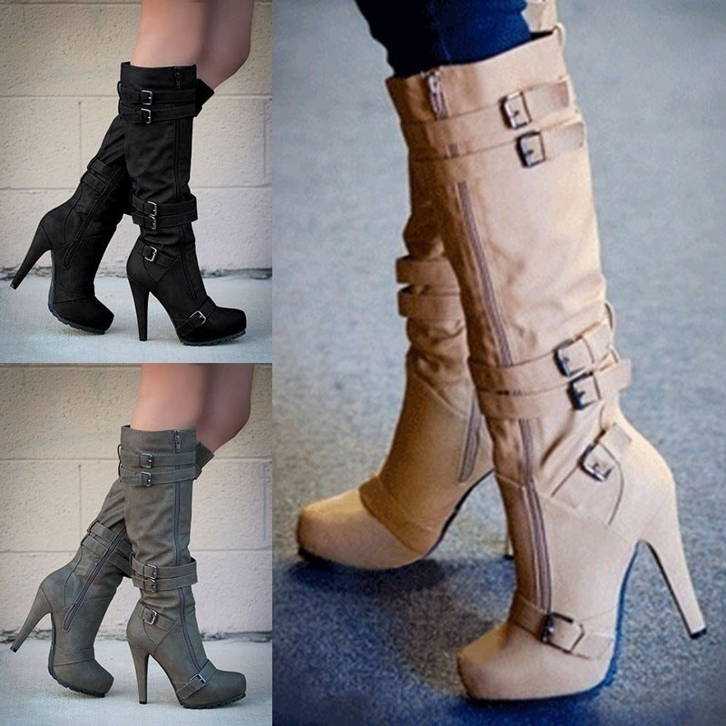 Bela | Retro High-Heel Boots – Zipper & Buckle Knee-High Booties
