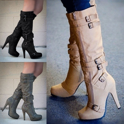 Bela | Retro High-Heel Boots – Zipper & Buckle Knee-High Booties