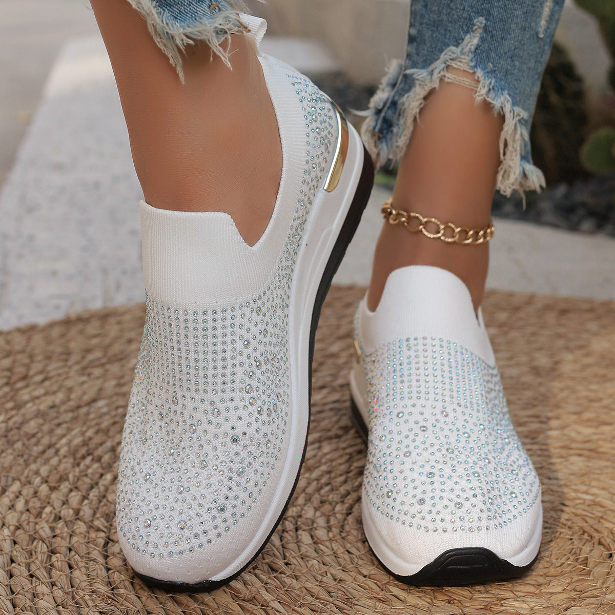 Orthopedic Balance Rhinestone Slip-On Sneakers – Sparkly Lightweight Walking Shoes