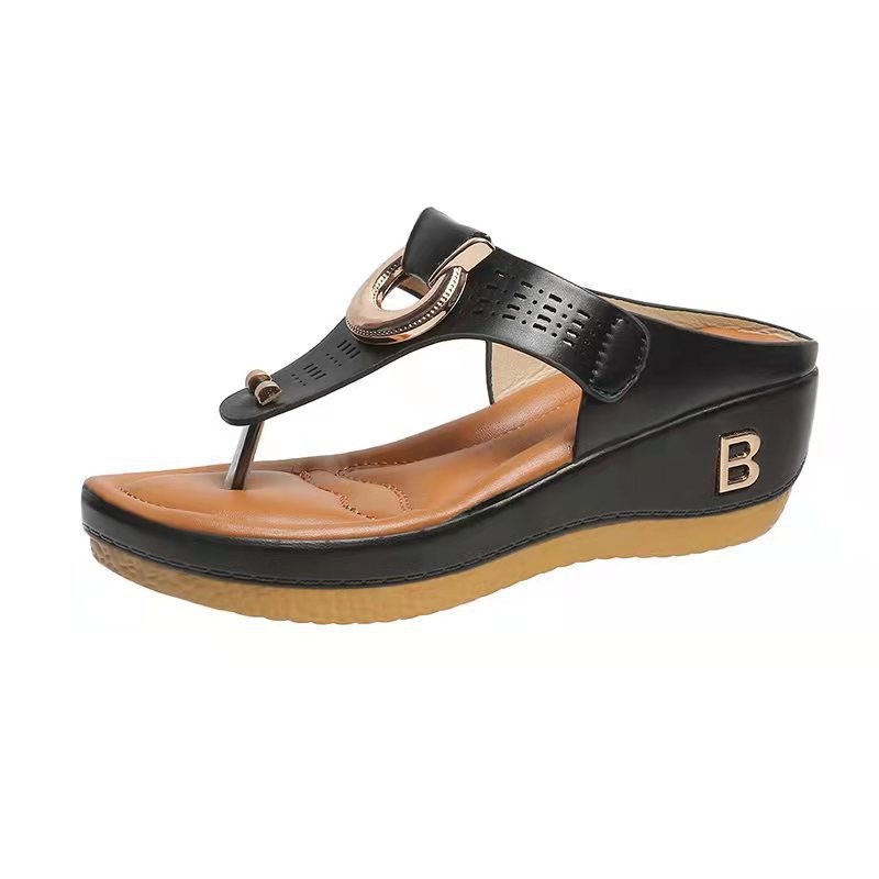 Orthopedic Balance High Heel Thong Sandals With Metallic Decorations