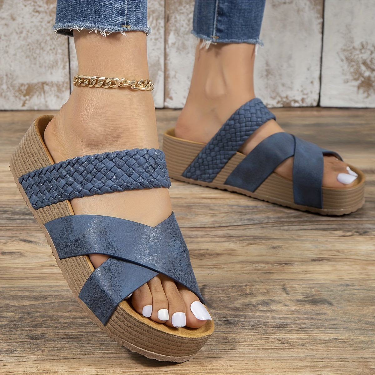 Caitlin | Woven Platform Sandals – Cross-Strap Slip-On Comfort