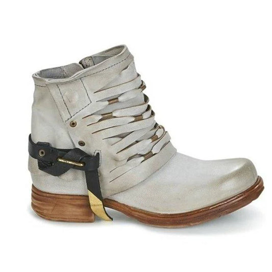 Riven | Distressed Charcoal Wrapped-Strap Ankle Boots