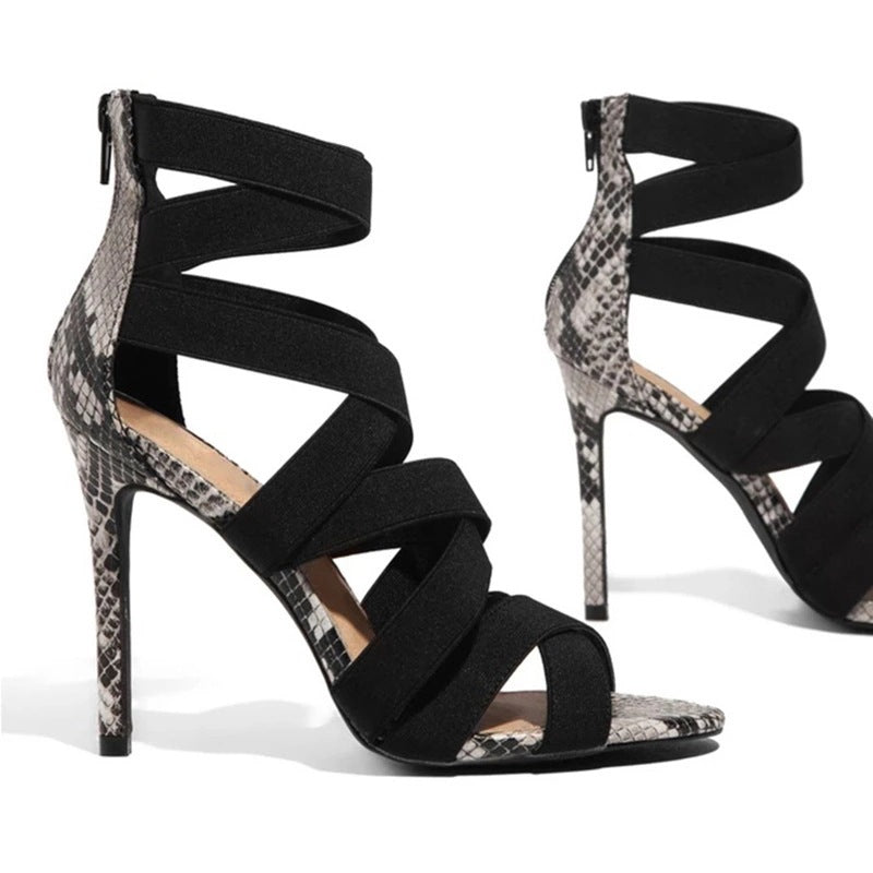 Orthopedic Balance Snake Print Stiletto Sandals With Criss-Cross Straps