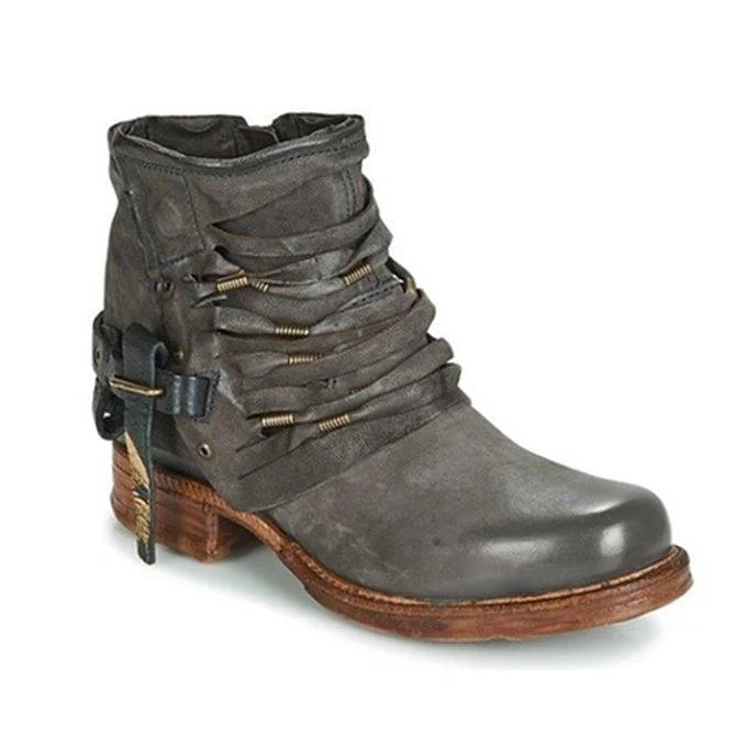 Riven | Distressed Charcoal Wrapped-Strap Ankle Boots