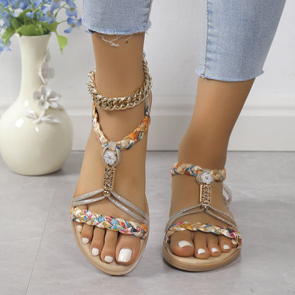 Qadira | Floral Braided Rhinestone Embellished Flat Sandals