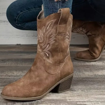 Orthopedic Balance Embroidered Western Boots - Chunky Heel
