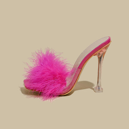Orthopedic Balance Crystal And Fur Stiletto Heel Sandals