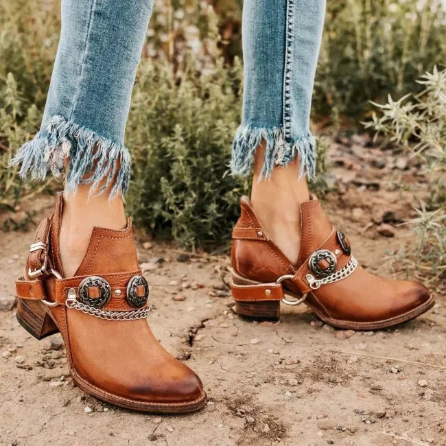 Calista | Western Buckled Chain-Accent Ankle Booties