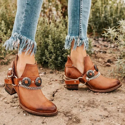 Calista | Western Buckled Chain-Accent Ankle Booties
