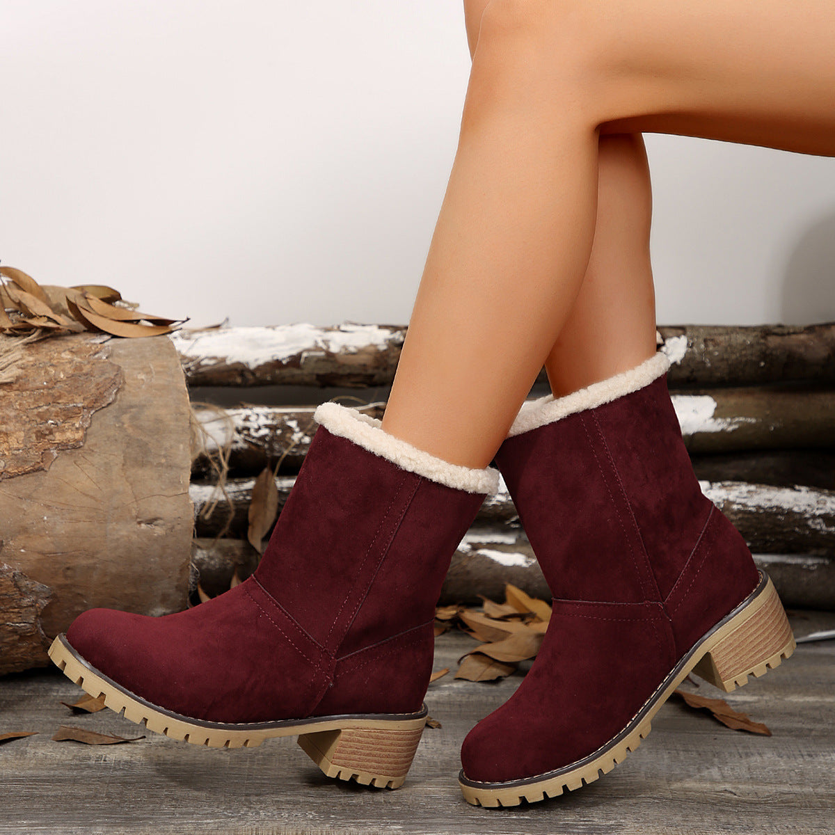 Helena | Fur-Lined Mid-Calf Suede Block Heel Winter Boots
