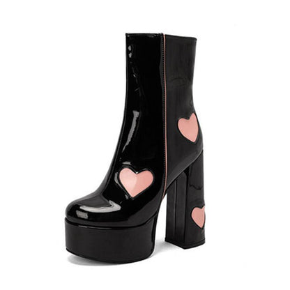 Quinley | Glossy Black Platform Heart Accent Ankle Boots