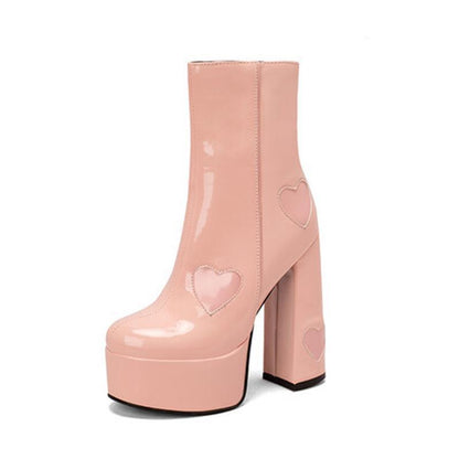 Quinley | Glossy Black Platform Heart Accent Ankle Boots