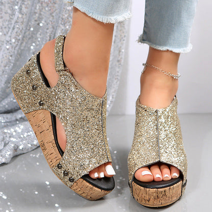 Orthopedic Balance Summer Chunky Heel Sandals With Sequins And Velcro