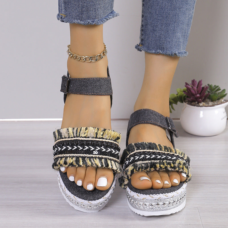 Orthopedic Balance Denim Sandals With Fringe, Ethnic And Unique Style For Summer