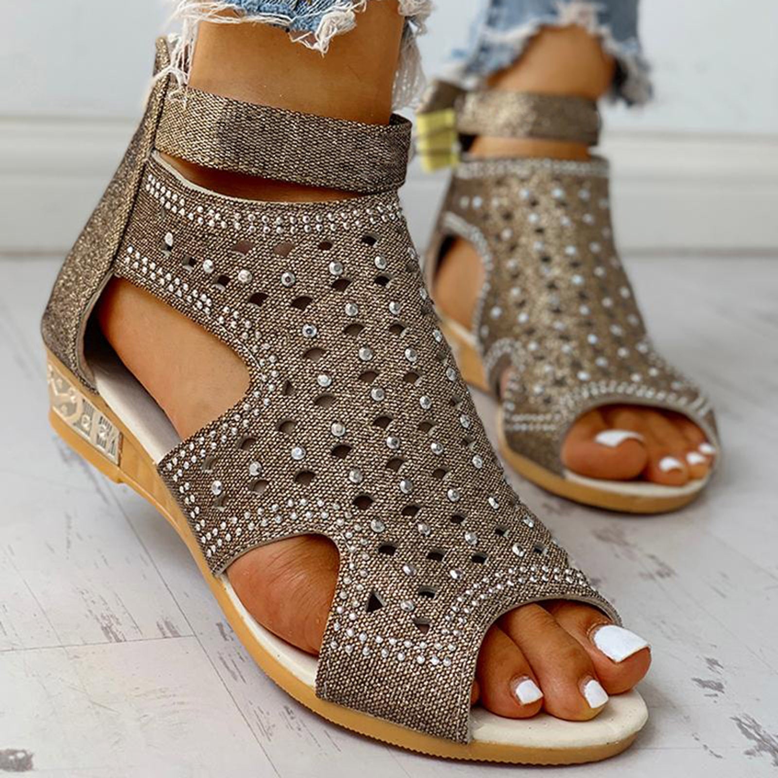Orthopedic Balance Summer Rhinestone Sandals With A Unique Back Zip Design
