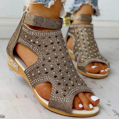 Orthopedic Balance Summer Rhinestone Sandals With A Unique Back Zip Design