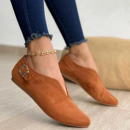Quincy | Black Suede V-Cut Buckle Flat Loafers