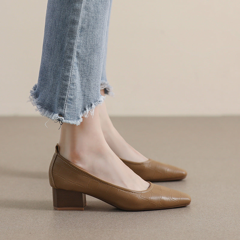 Women’s Square-Toe Block Heel Pumps – Classic Textured Low Heels
