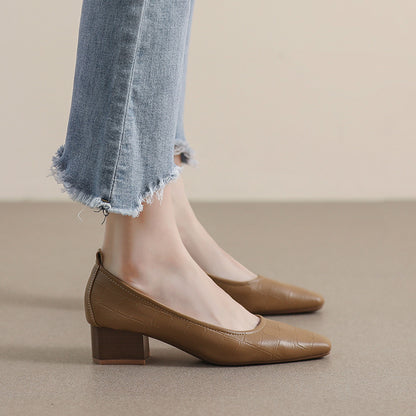 Women’s Square-Toe Block Heel Pumps – Classic Textured Low Heels
