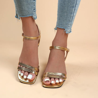Orthopedic Balance Metallic Ankle Strap Block Heel Sandals