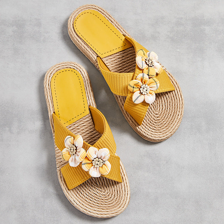 Orthopedic Balance Floral Rhinestone Raffia Slide Sandals
