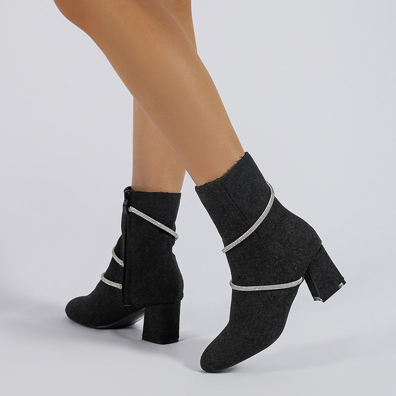 Orthopedic Balance Mid-Heel Boots With Rhinestone Chain - Unique And Elegant