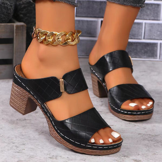 Orthopedic Balance Chunky Heel Sandals - Plaid Comfort