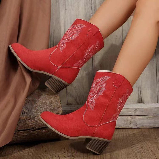 Orthopedic Balance Embroidered Western Boots - Chunky Heel