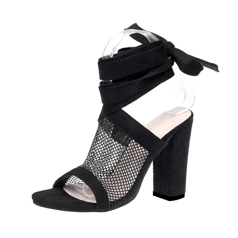 NoirLace | Bandage Block Heel Sandals with Mesh Detail