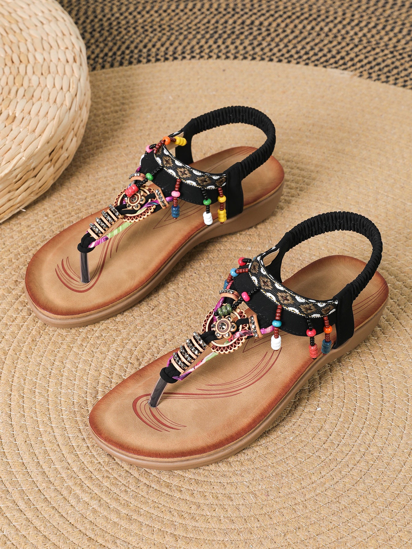 Orthopedic Balance Bohemian Beaded T-Strap Flat Sandals