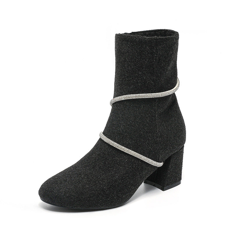 Orthopedic Balance Mid-Heel Boots With Rhinestone Chain - Unique And Elegant