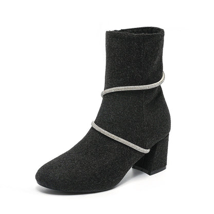Orthopedic Balance Mid-Heel Boots With Rhinestone Chain - Unique And Elegant