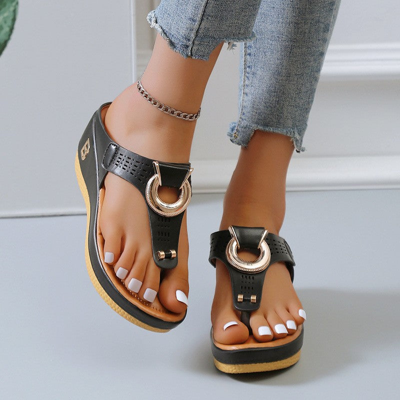 Orthopedic Balance High Heel Thong Sandals With Metallic Decorations