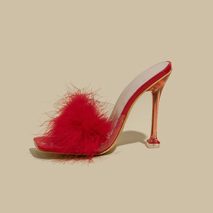 Orthopedic Balance Crystal And Fur Stiletto Heel Sandals