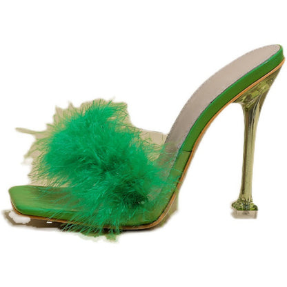 Orthopedic Balance Crystal And Fur Stiletto Heel Sandals