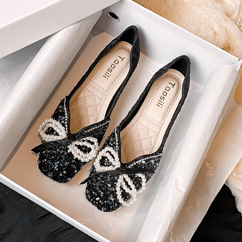 Orthopedic Balance Square Toe Flats - Rhinestone Pearl Detail