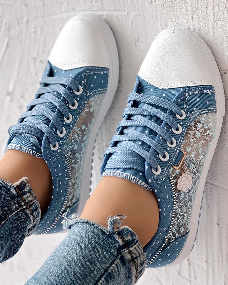 Calista | Denim Lace-Up Sneakers – Breathable Floral Mesh Design