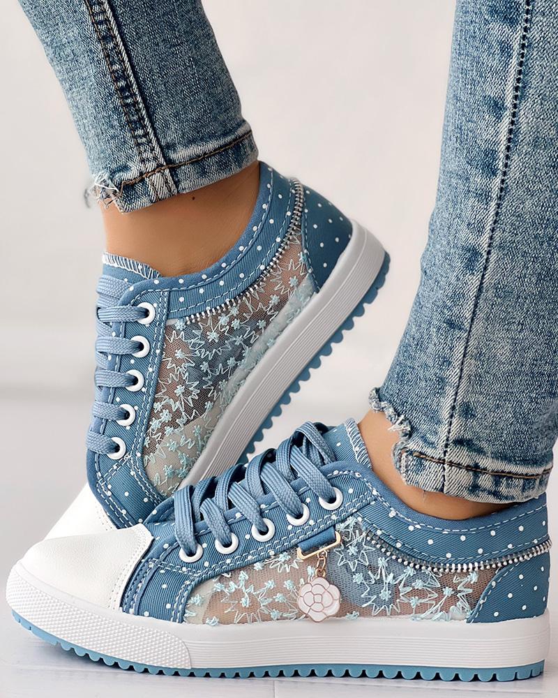Calista | Denim Lace-Up Sneakers – Breathable Floral Mesh Design