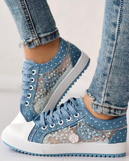 Calista | Denim Lace-Up Sneakers – Breathable Floral Mesh Design