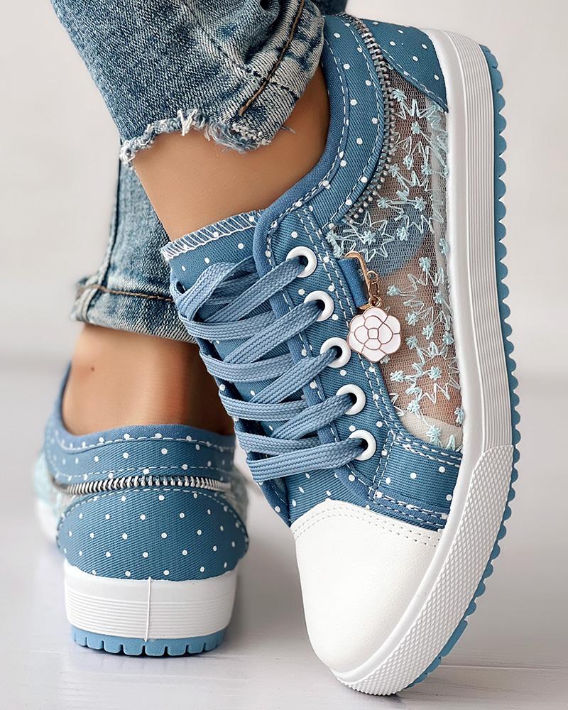 Calista | Denim Lace-Up Sneakers – Breathable Floral Mesh Design
