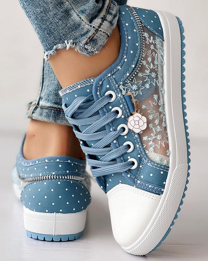 Calista | Denim Lace-Up Sneakers – Breathable Floral Mesh Design
