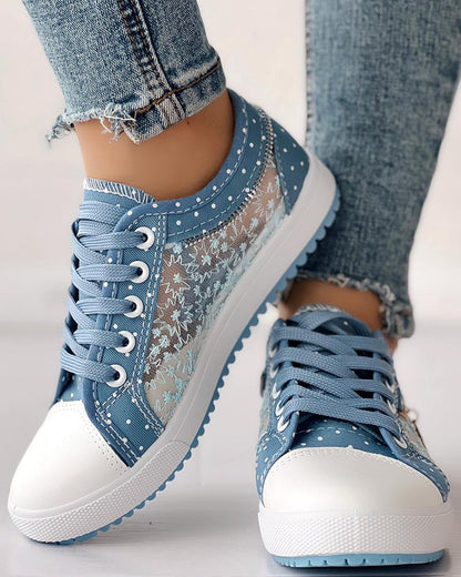Calista | Denim Lace-Up Sneakers – Breathable Floral Mesh Design